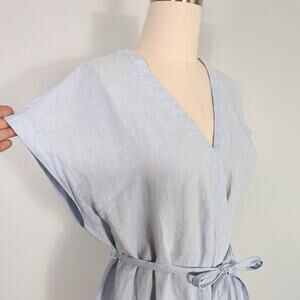 Linen Mini Wrap Dress XL Blue Lagenlook Beachy Pastel Minimalist Vacation Pure